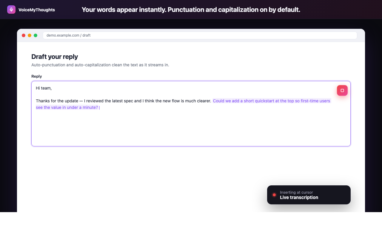 VoiceMyThoughts inserting transcribed text into an input field, a chat box, and a rich-text editor