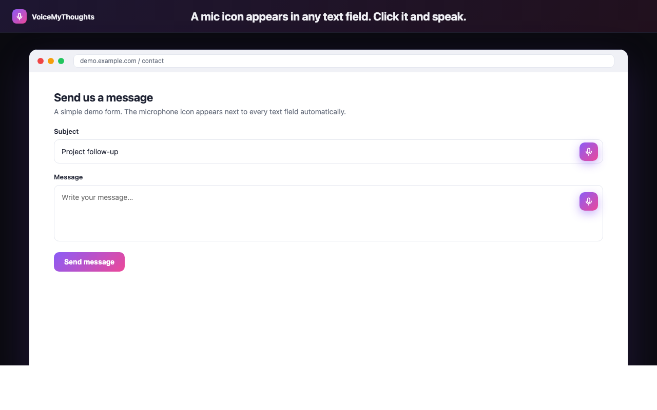 A microphone icon appearing next to a text field in a Chrome browser, with transcribed text being inserted in real time